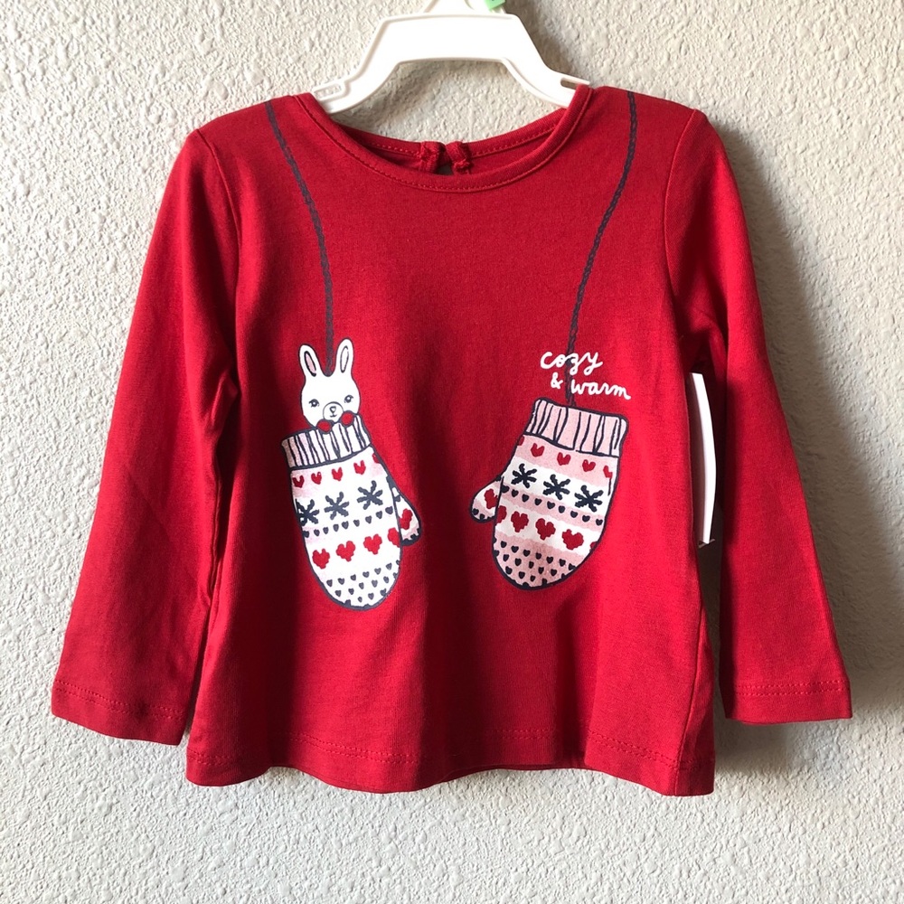 Joe Fresh Cozy & Warm Red Winter Bunny Mitten Graphic Long Sleeve Tee Holiday